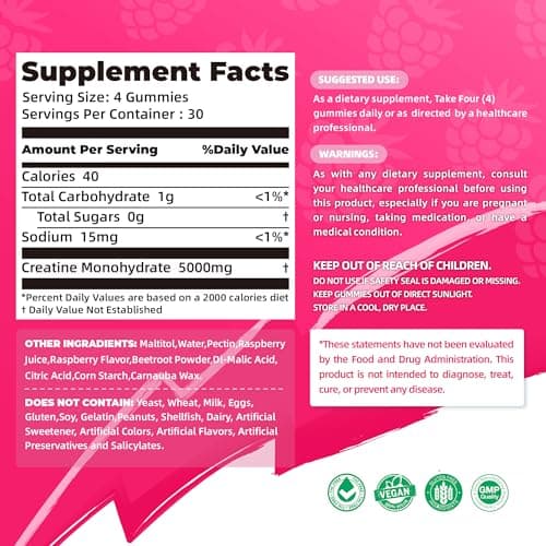 NSF Certified Creatine Gummy - Creatine Monohydrate Gummies 5000mg for Men & Women -120 Gummies Advanced Formula, Muscle Strength, Muscle Builder, Energy Boost, Pre-Workout Supplement-Raspberry - Thumbnail 2