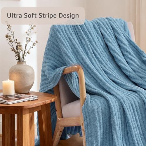 WRENSONGE Striped Throw Blanket, Blue Soft Cozy Fluffy Warm Hand Made Throw Blankets for Couch, Sofa, Chair, Bed, Camping, Picnic, Travel Lightweight Bed Blanket - 60"*80" - Thumbnail 4
