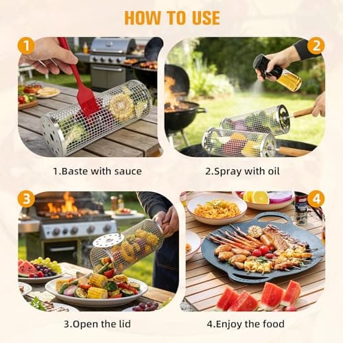 8-Piece BBQ Set,2 Rolling Grill Baskets for Effortless Flipping,Grilling Tools or Fish, Shrimp, Meat, Vegetables,Outdoor Camping Grilling Accessories Bundled with Oil Bottle, Forks,Cleaning Brush Ect - Thumbnail 4
