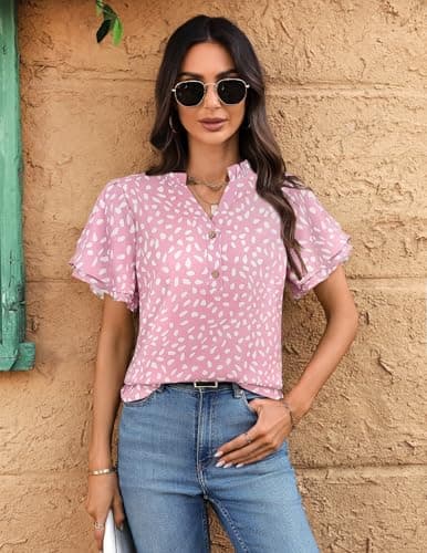 LOOKBOHO Blouse for Women Dressy Casual Ruffle Short Sleeve Boho Tops Fashion V Neck Pink Dot Button Down Shirts Summer S - Thumbnail 2
