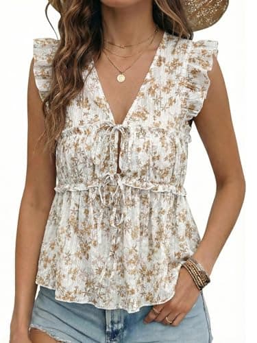 Acelitt Women's Fashion 2026 Spring Casual Ditsy Floral V Neck Ruffle Short Sleeve Babydoll Tops Bow Tie Front Flowy Blouses Shirts Khaki XL - Image 1
