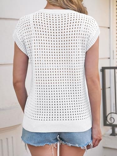 Saodimallsu Womens Crochet Sweaters Summer Cap Sleeve Knit Tops Lightweight Crewneck Beach Vacation Clothes White - Thumbnail 5