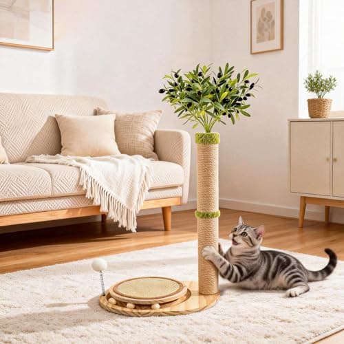Catails 39" Tall Cat Scratching Post, Cute Olive Cat Scratcher, Interactive Cat Toys with Ball Track & Spring Ball, Sturdy Cat Scratch Post with Pad for Indoor Cats Adults and Kittens - Thumbnail 5