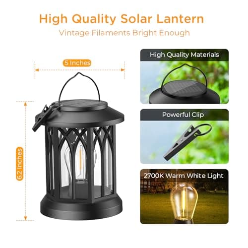 WdtPro Solar Lanterns Outdoor Waterproof, Upgraded Bright Hanging Solar Lights for Outside,Solar Powered Lanterns Lighting LED for Garden Patio Yard Decorative 2 Pack (Warm Light) - Thumbnail 6