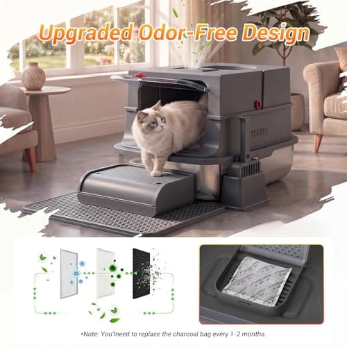 Cat Litter Box - Stainless Steel Litter Box with Lid for Large &Kitty,Enclosed Litter Box Includes Litter Scoop, Elevated Step Box, and Activated Carbon Pack, 23.6“ x 16.9” x 16", Dark Gray - Thumbnail 6