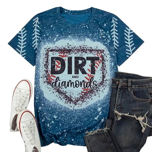 Baseball Shirts Women Softball Game Day T-Shirt Dirt and Diamonds Print Shirt Baseball Graphic Tee Tops Bleach Blue - Thumbnail 4