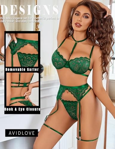 Avidlove Lingerie For Women Sexy Bra And Panty Sets With Garter Belt 3 Piece Underwire Lingeries Set Babydoll Bodysuit Green - Thumbnail 2