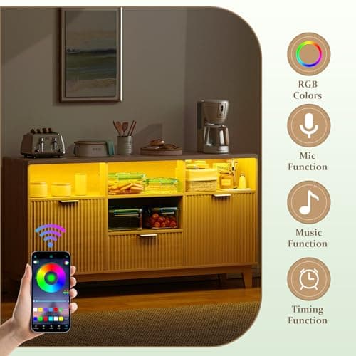 GlouMod 58" Coffee Bar Cabinet with Storage and Drawers, Large Sideboard Buffet Cabinet with Charging Station, Adjustable Lighting, 2 Doors and Open Shelves, Fluted Panel, Natural Oak - Thumbnail 4