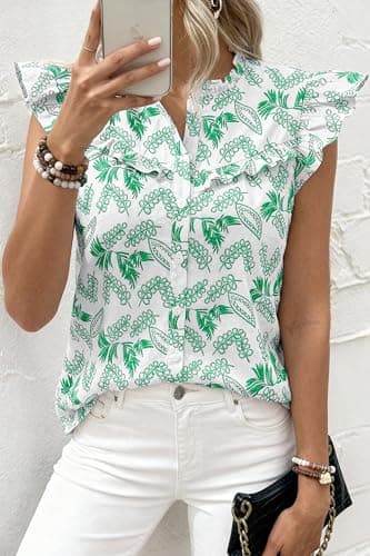 dowerme Womens Spring Tops 2026 Cute Ruffle Cap Sleeve V Neck Floral Boho Blouses Button Down Work Shirts Summer Outfits(Floral White Green,Small) - Thumbnail 3