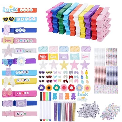 Cheer Pin Charms,100 Colored Clothes Pins Wooden with Mini Bows,Resin Ducks Charms & Self-Adhesive Glitter Cheer Spirit Stuff for Volleyball Bag Cheerleader Team