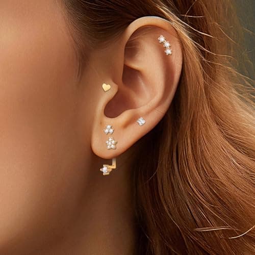 HILXURY 12 Pairs 14K Gold Plated Flat Back Hypoallergenic Earrings for Women Men Surgical Stainless Steel Earrings for Sensitive Ears Small Gold Stud Hoop Cartilage Earring Stack Set for Multiple Piercing Jewelry (Gold 01) - Thumbnail 4