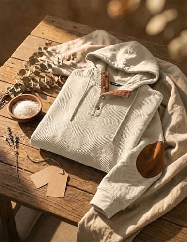 JMIERR Hoodies for men Casual Cotton Textured Long Sleeve Quarter Collar Drawstring Button Pullover Hooded Early Fall Fashion Sweatshirts, S, Beige - Thumbnail 5