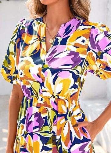 dowerme Womens Summer Dresses 2026 Casual Puff Short Sleeve V Neck Floral Boho Tiered Ruffle Maxi Dress with Pockets(Navy Yellow Purple,Small) - Thumbnail 4