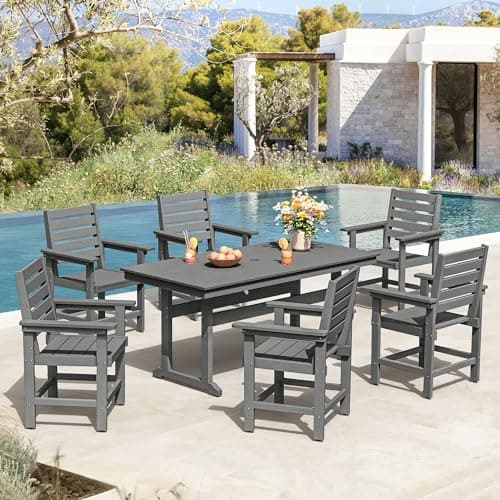 Homenjoy 7 Piece Patio Dining Set, 66" Rectangle HDPS Weather Resistant Outdoor Table & 6 Patio Chairs Set with 1.96" Umbrella Hole, Heavy Duty Chairs for Backyard Balcony Deck, Grey - Image 1