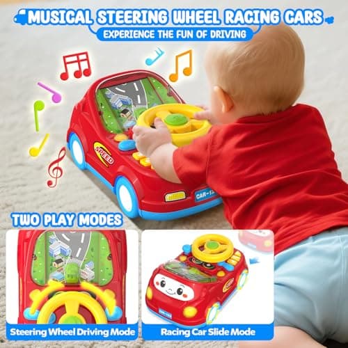 Toys for 1 Year Old Boy Gifts - 2-in-1 Toddler Push Car & Musical Racing Adventure Steering Wheel Driving Game, Interactive Simulated Driving Car for Baby 12-18 Months, Birthday Gift Ages 1-2, Red - Thumbnail 2