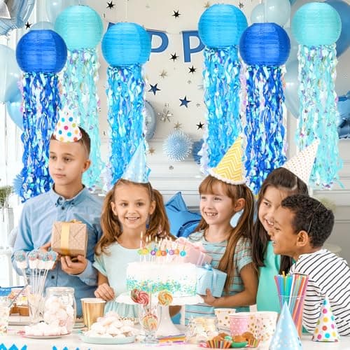 Jellyfish Paper Lanterns,Under The Sea Party Decorations 6Pack with String and Hooks,Hanging Jelly Fish for Mermaid,Ocean Themed,Birthday,Party(Blue 8Inch) - Thumbnail 5