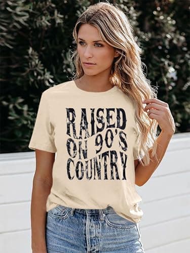 Raised on 90s Country Shirt Womens: Country Concert Outfit Country Music Tshirt Vintage Graphic Short Sleeve Tees Apricot - Thumbnail 3