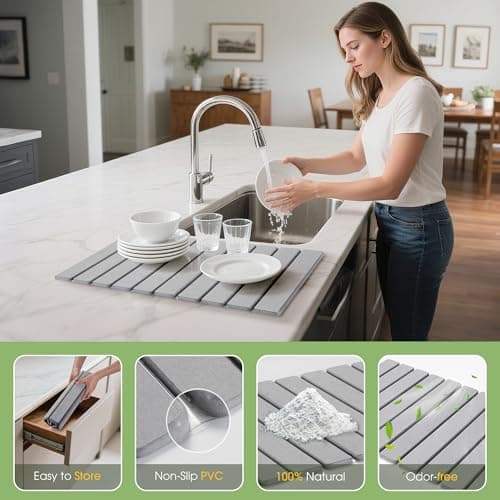 HABUTWAY Large Stone Dish Drying Mat for Kitchen Counter – 24"×16" Collapsible Diatomaceous Earth Mat, Ultra Absorbent & Quick Dry, Foldable Drying Pad for Dishes, Bottles, Cups (Light Grey) - Thumbnail 4