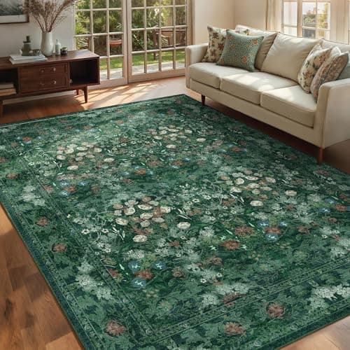 Green Boho Living Room 5x7 Area Rug, Floral Washable Vintage Distressed Rug for Dining Room Under Table, Bedroom, Nursery, Home Office - Low Pile Non Slip Art Deco Carpet, Farmhouse Accent Mat - Image 1