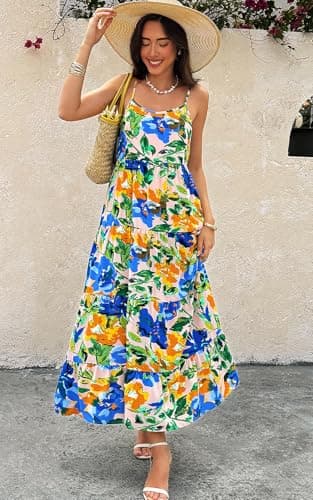 PRETTYGARDEN Women’s Summer Casual Loose Sleeveless Floral Sundress Spaghetti Strap Tiered Maxi Dress Flowy Beach Dresses (Pink Blue Flower, Small) - Thumbnail 3