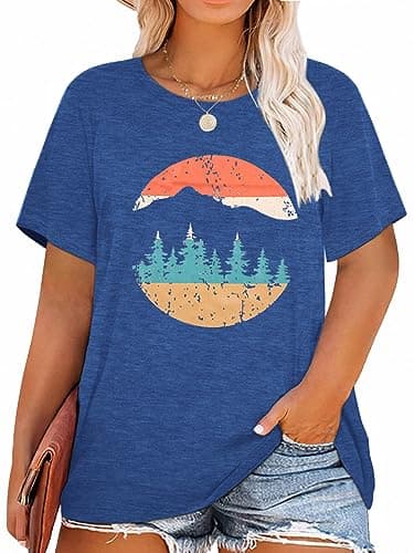 Anbech Women's Plus Size Tops Sunset Sunrise Tree Graphic Tees Short Sleeve Shirt (Sea Blue, 1X) - Image 1