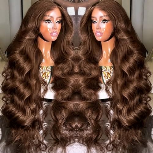 Ilyrion 32Inch Chocolate Brown Human Hair Wig Pre Plucked 12A Brown Wig Human Hair 13X4 HD Transparent Lace Front Wig Human Hair with Baby Hair Body Wave Human Hair Wig Bleached Knot - Image 1
