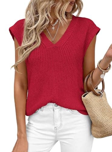 PRETTYGARDEN Women's 2026 Lightweight Sweaters Vest Spring Trendy Cap Sleeve V Neck Knit Tank Tops Summer Going Out Outfits (Red,Small) - Image 1