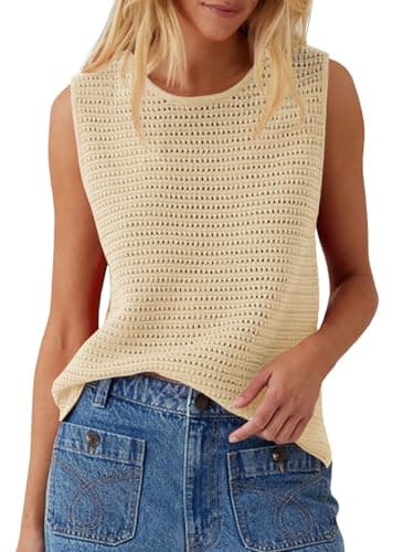 Saodimallsu Womens Crochet Tank Tops Summer Sleeveless Crew Neck Basic Mesh Knit Loose Pullover Sweater Vest Khaki - Image 1