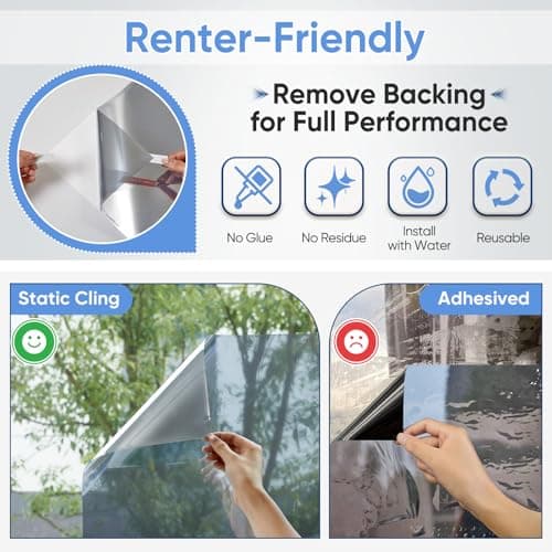 One Way Privacy Window Film - Reflective Window Tint for Home Heat Blocking & UV Protection, See Out Not in Mirror Daytime Privacy Static Clings for House & Glass Doors, 3 Tools, Silver(17.5"x78.7") - Thumbnail 5