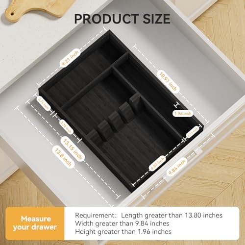 Yofidra Bamboo Silverware Organizer, 13.8 x 9.84 x 1.96 Inches Kitchen Utensil Drawer Organizer, Silverware Tray for Drawer with Fixed Slots for Spoons, Forks & Knives, Natural (Black) - Thumbnail 2