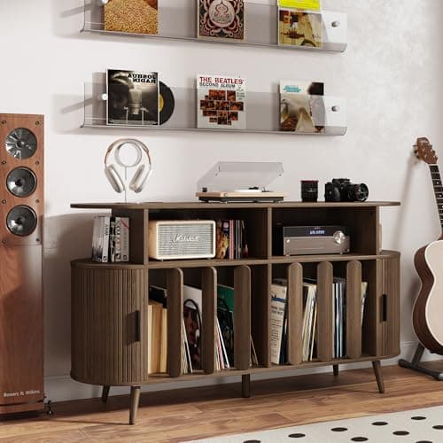 Azaeahom Record Player Stand with Vinyl Storage, Record Player Table with Charging Station, Media Console & Record Shelf for 300+ Albums, Vinyl Record Storage Cabinet, Turntable Stand for Living Room - Image 1