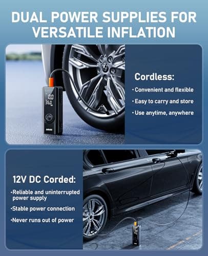 JUSUOX Tire Inflator Portable Air Compressor, Battery & 12V DC Dual Power Air Pump for Car Tires, 150PSI Cordless Bike Tire Pump with Digital Pressure Gauge, LED Light, for Motorcycle, Ball - Thumbnail 2