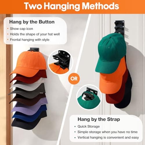 Bhtqdnq 2 Pack Hat Organizer for Baseball Caps, Hat Rack for Wall with Strong Adhesive, Hold Up to 16 Hats, Hat Rack for Door Closet, Multi-Tier Hat Organizer, Two Mounting Options (Black) - Thumbnail 5
