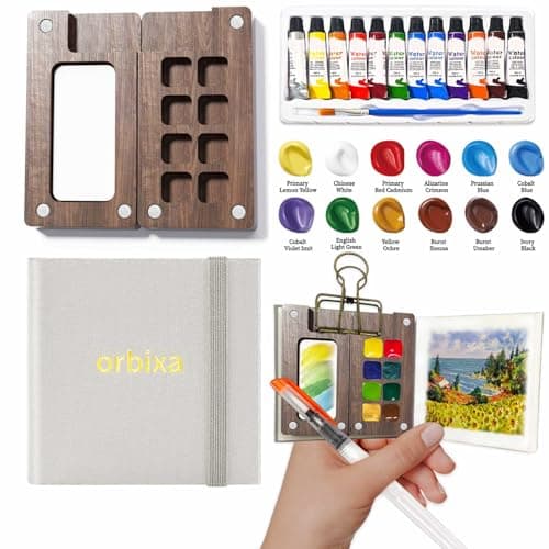orbixa Mini Watercolor Palette Paint Set Travel Size - 12 Color Paint with 8-Wooden Grid Palette,Mini Sketchbook & Brushes | Portable Artist Supplies Kit for Students, Beginners, Outdoors Use (gray) - Image 1