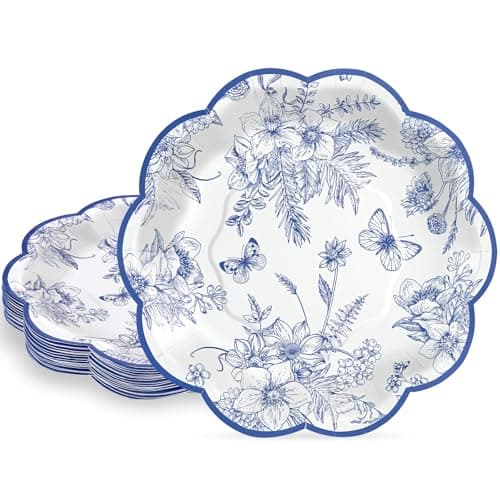 NatNarr 30 Pcs Blue Floral Paper Plates, 7 Inch Tea Party Plates Vintage Chinoiserie Flower Plate Disposable Blue and White Dessert Plate for Spring Garden Party Baby & Bridal Shower Birthday Wedding