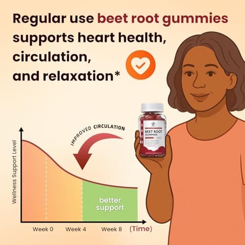 Beet Root Gummies – Blood Pressure & Cardiovascular Support, Beetroot Gummies for Heart Health & Circulation, Nitric Oxide Beets with Grape Seed & L-Theanine for Calm Mood, Sugar-Free Vegan, 60 Chews - Thumbnail 3