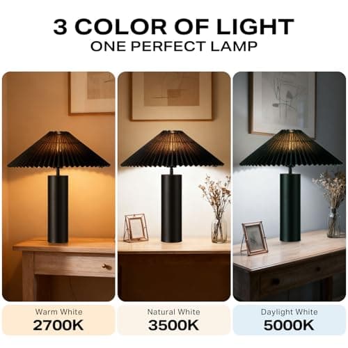 YJSQOEOE Modern Table Lamp with Pleated Lampshade and Cylindrical Base, E26 Bulb Compatible, Contemporary Accent Light for Living Room, Bedroom, Office (Black) - Thumbnail 3