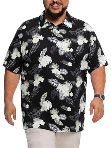 uideazone Men's Big and Tall Performance Polo Shirt - Moisture Wicking Dry Fit Golf Shirts, Wrinkle-Free Business Casual Short Sleeve Top for Men,Black Floral,4XL - Image 1