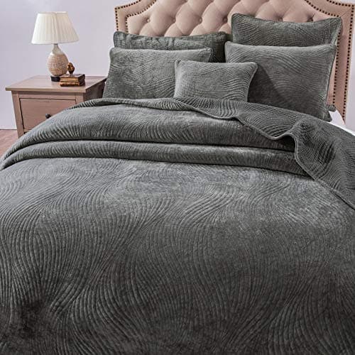 Tache Velvet Dreams Luxurious Velveteen Velour Super Soft Plush Warm Cozy Elegant Ripple Waves Stitch Quilted Coverlet Taupe Gray Brown Bedspread Set, Twin - Thumbnail 6