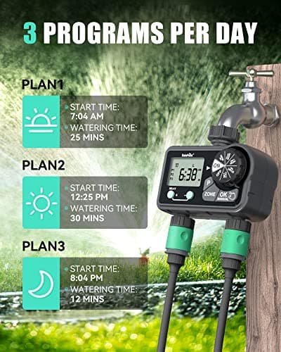 RAINPOINT Sprinkler Timer with 3 Different Programs, Hose Timer for Garden Hose with Rain Delay/Manual Watering/Automatic Irrigation System for Garden, 2 Outlet - Thumbnail 2