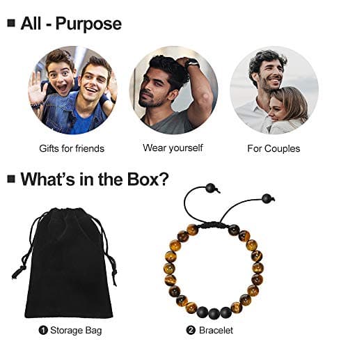 M MOOHAM Birthday Gifts for Men Bracelets - Beaded Tiger Eye Natural Black Lava Rock Stone Bracelets Unique Gifts for Men Who Want Nothing - Thumbnail 3