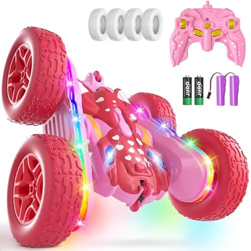 Terucle Remote Control Car for Girls, Pink RC Cars Stunt RC Car Girl Toys for Girls Double-Sided 360° Rotating with Headlights 4WD Kid Toys for Birthday Gifts (Pink) - Image 1