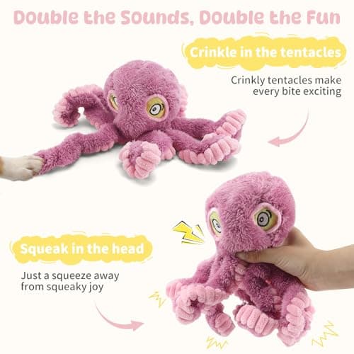 PETSWEET Squeaky Dog Toy for Puppy Teething, Plush Octopus Dog Toy, Puppy Chewing Toy, Soft Stuffed Chew Toys for Small Dogs Training and Keep Them Busy, Pink - Thumbnail 3