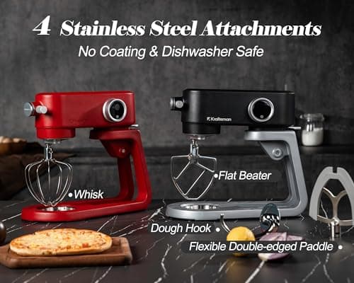 Kraftsman Stand Mixer Heavy Duty - All Metal Kitchen Standing Mixer 5.3 Quart with 4 Stainless Steel Attachments, DC Motor & Multifunctional Power Hub, 8-Speed & Timer, Lower Noise (Red) - Thumbnail 5