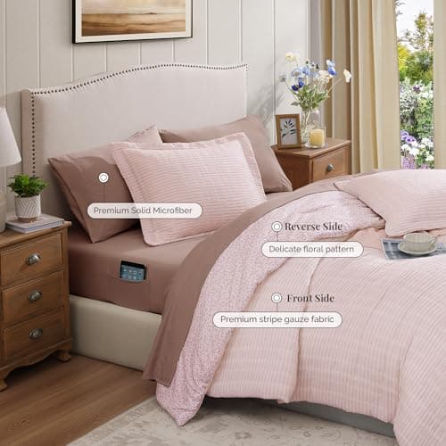 BLOOMHAVEN King Comforter Set - 7 Pieces Pink Bedding Sets for All Seasons, Lightweight Breathable Bed in a Bag King with Revesible Farmhouse Comforter, Sheets, Pillowcases & Shams - Thumbnail 5