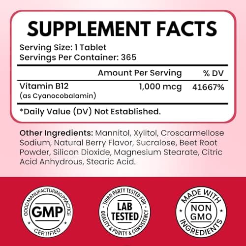 VITBOOST Vitamin B12 1000 mcg Chewable Tablets - 365 Count Natural Berry Flavor B-12 Vitamin for Energy & Nervous System Support - Non-GMO, Vegan Tablets - Made in USA - Thumbnail 2