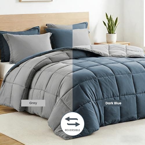 PAJEO Twin Down Alternative Comforter,Fluffy & Breathable All Season Comforter, Reversible Colors Twin Duvet Insert for Master Bedroom & Dorm Room Essentials,Dark Blue/Grey - Thumbnail 3