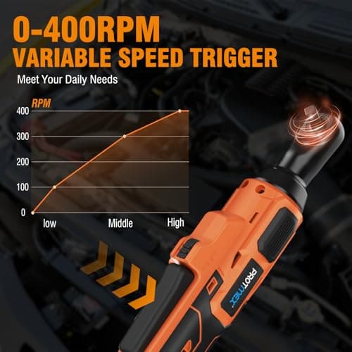 Protmex Cordless Ratchet Wrench Set (Brushless), 3/8" Electric Ratchet Wrench, 74 FT-LBS Torque, 0-400 RPM Variable Speed Trigger, Built-in LED, 21V with 2 x 2.0Ah Batteries, Charger & Sockets - Thumbnail 4