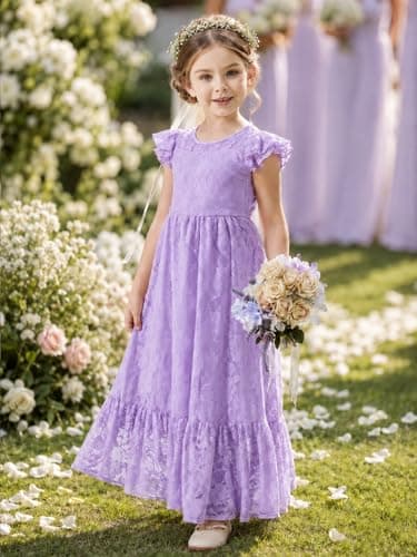 ALLOVIN Toddler & Girls Spring Graduation Lace Flower Girl Dress for Wedding Baptism First Communion Maxi Boho A-Line | Flutter Sleeve Purple | 3-4Y - Thumbnail 2