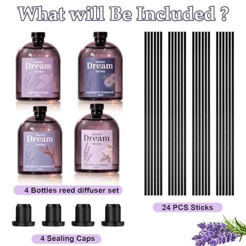 STRN Reed Diffuser Sets, Lavender Scented Oil Diffuser, Fragrance Reed Diffuser with 24 Sticks, 6.8 Fl.oz (200ml), 4 Scents Long-Lasting Air Freshener for Bedroom Bathroom Home Décor（50ml*4） - Thumbnail 6